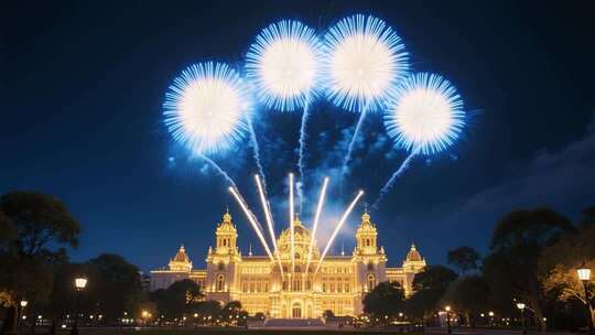 建筑前夜空绽放的烟花