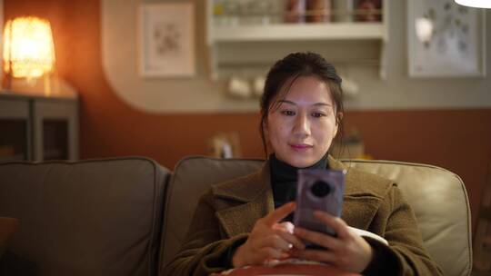 中年女性居家室内使用手机视频素材模板下载