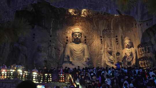 洛阳龙门石窟世界文化遗产文物旅游夜景