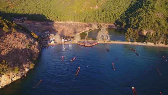 4K唯美大气云南泸沽湖航拍泸沽湖日出晨雾