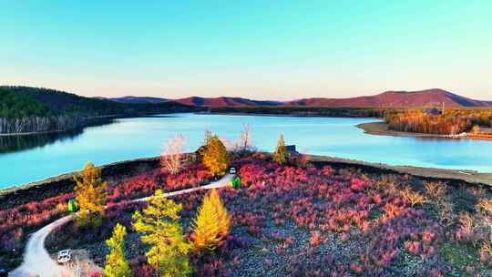 宁静湖畔森林花海美景