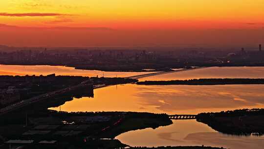 航拍苏州阳澄湖城市自然风光落日黄昏夕阳
