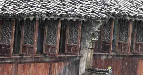 （慢镜）中国千年古镇乌镇下雨天屋檐滴水