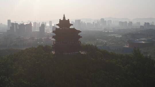 航拍威海华夏城景区华夏楼环绕