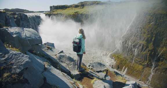 女人，Dettifoss，瀑布，冰岛