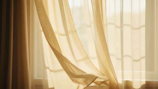 阳光照射飘动的窗纱
