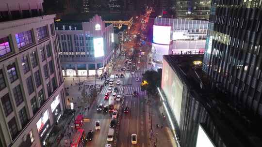 上海夜景航拍外滩南京东路黄浦区城市夜晚风