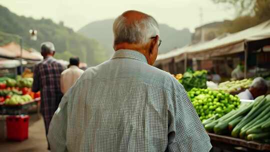 老爷爷逛菜市场集市