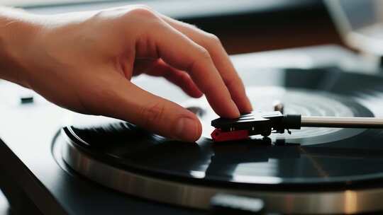 黑白唱片转动针尖放歌画面