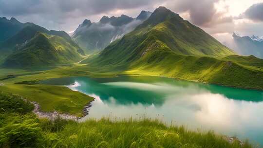 山间湖泊自然风光全景