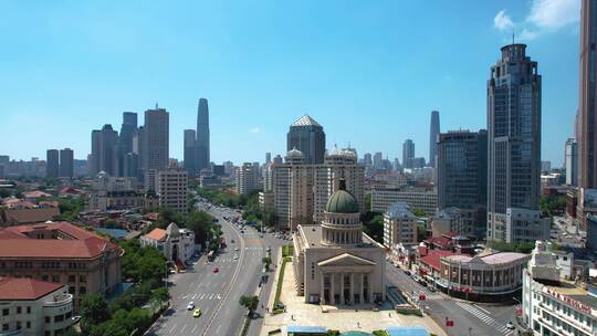 中国天津天津音乐厅小白楼和城市天际线航拍
