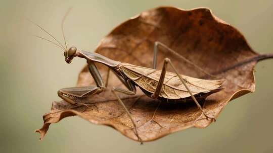 枯叶上的螳螂特写