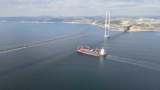 奥斯曼加齐大桥和集装箱船在土耳其