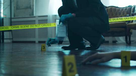 侦探在犯罪现场收集证据法医专家在一个