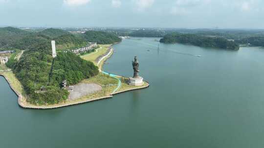 鄱阳湖国家湿地公园饶娥雕像航拍湖泊风景