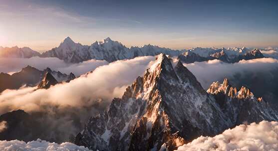 雪山云雾森林阳光树林远山峰大自然生态风景