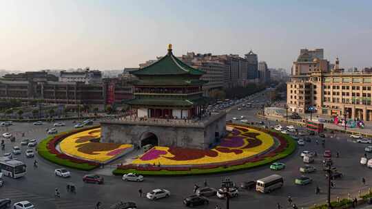 西安钟楼地标白天车流延时