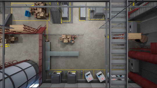 仓库三维动画中计算机机器行的自上而下视图