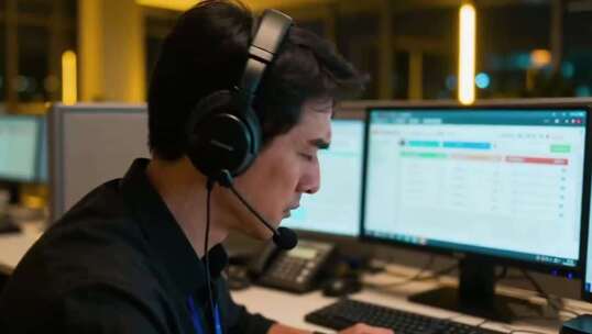 男人办公室戴耳机操作电脑