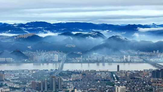 城市水墨画  航拍温州城市风景