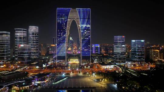 金鸡湖苏州中心夜晚航拍