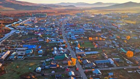内蒙古恩和俄罗斯族民族乡秋天清晨航拍