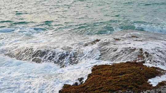 早晨大海海浪浪花拍打礁石升格慢动作