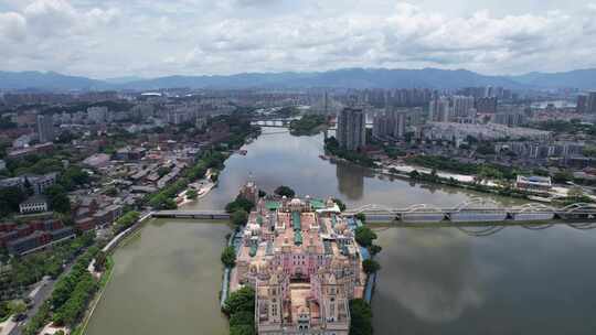 福建福州闽江中洲岛地标建筑航拍