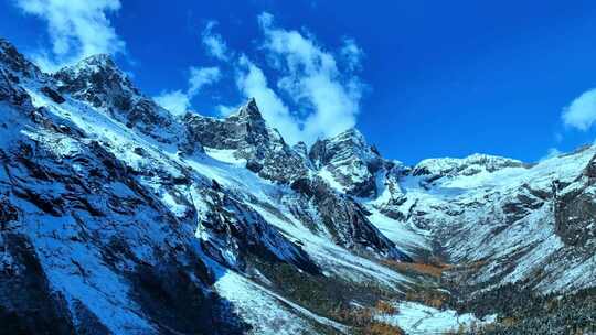 雪山下多彩树林与湖泊相映的美景