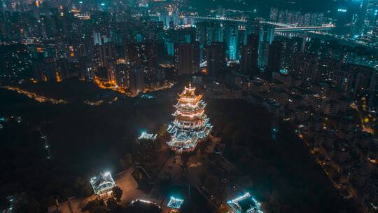 重庆_鸿恩阁_夜景_环绕航拍延时