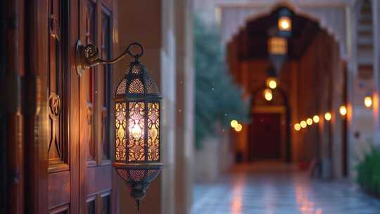 斋月灯笼挂在清真寺上，后面有一条长长的走