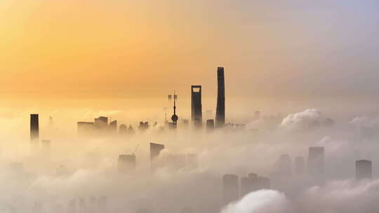上海日出 云雾 陆家嘴 外滩 航拍
