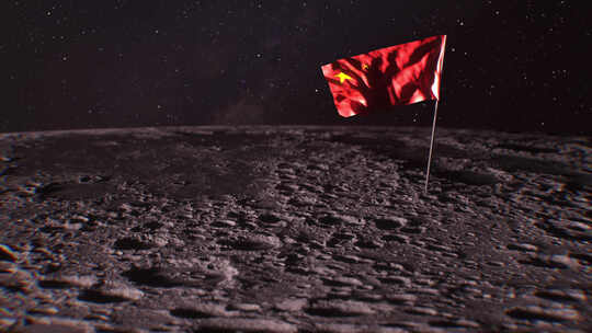 中国国旗在月球上挥舞。中国国旗卡在岩石表视频素材模板下载