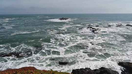 大海海边海浪拍打礁石海鸟飞翔