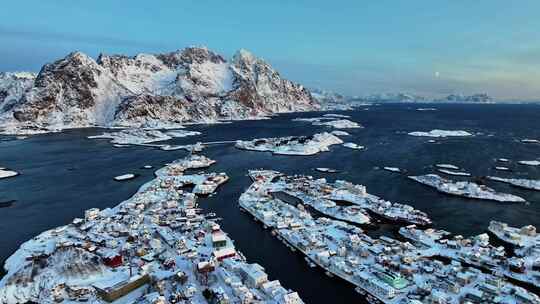 挪威罗弗敦群岛北极圈雷纳冬季雪景高空航拍