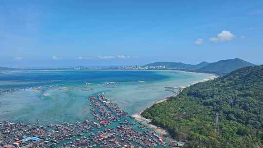 4k海南陵水疍家鱼排玻璃海海湾玻璃海航拍