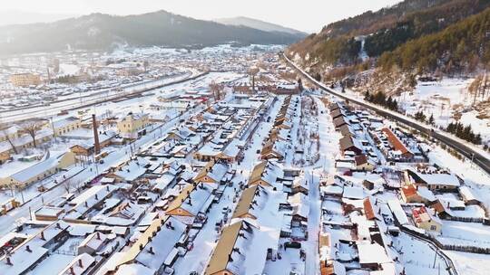 中国黑龙江冬季横道河子小镇雪乡航拍