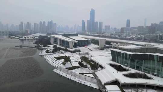 武汉汉阳区琴台大剧院雪景航拍