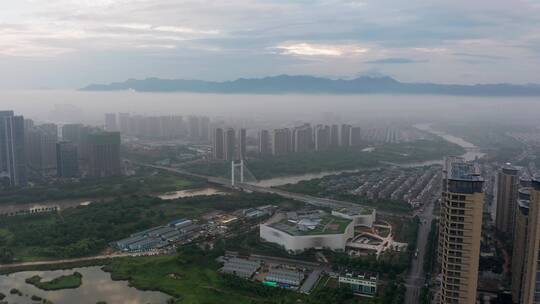 义乌城市地标平流雾风光4K航拍