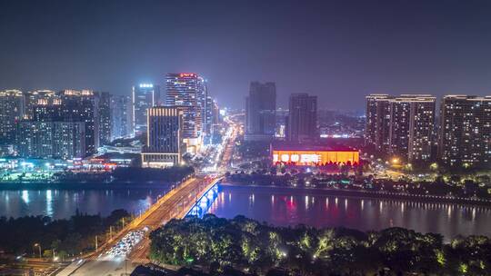 义乌稠江城市夜景航拍延时摄影视频素材模板下载