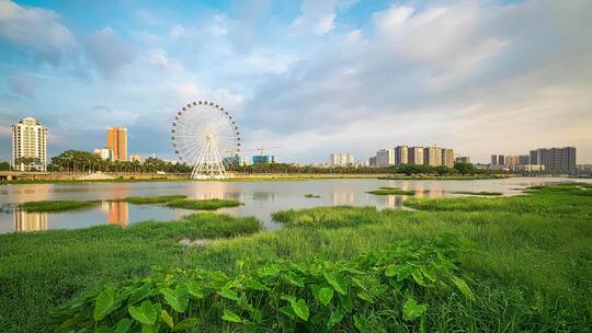 摩天轮旁的水域绿地风景