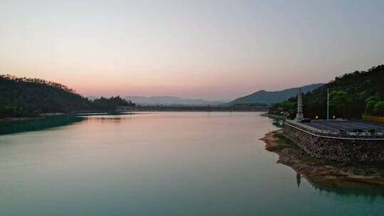 珠海金台寺佛教寺庙夕阳水库航拍视频素材模板下载