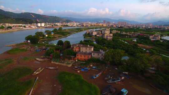 航拍闽江小岛果园茉莉花田沙洲湿地河汊白鹭