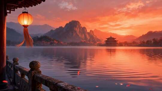 古风山水湖畔灯笼黄昏景