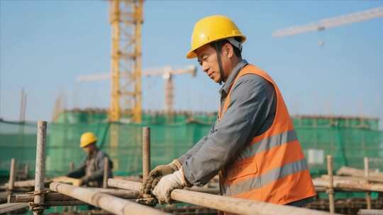 工地工人搭建施工脚手架