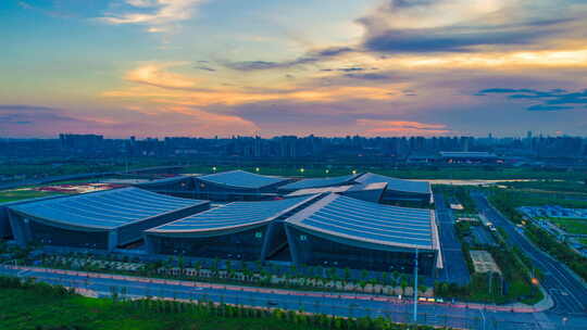 湖南长沙国际会展中心夕阳景点航拍延时摄影
