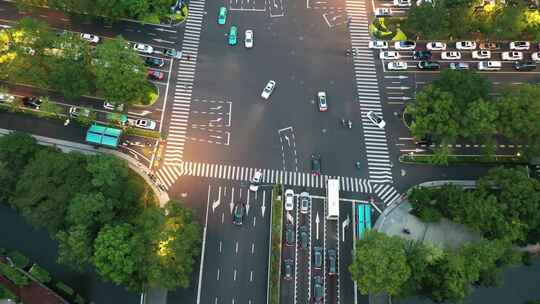 杭州交通晚高峰 天目山路十字路口航拍