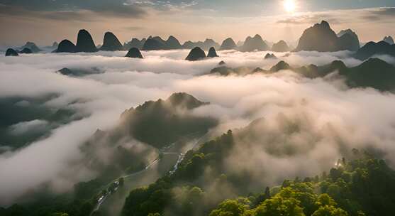 桂林山水合集山峰云海群山云雾缭绕自然风景