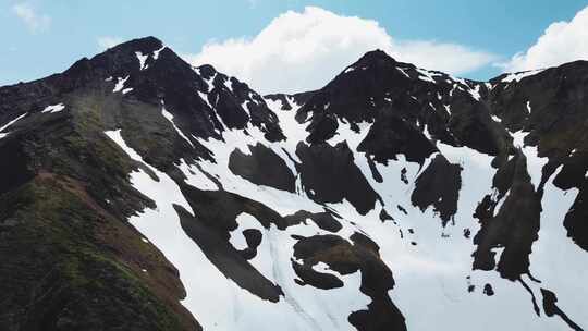 白雪皑皑的群山，在阳光明媚的天空下，身后