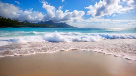 海滩海浪与远处山峦风景